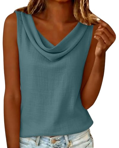 Débardeurs Femme en Lin Debardeur Coton Col Drape Chic et ÉLégant | Chemise et Blouses Mode Vetement Funky Haut Décontracté Sans Manches Soirée Business Top