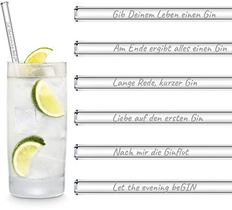 HALM Glasstrohhalme Gin Geschenkset 6 lustige Sprüche auf 20 cm Glas Strohhalmen graviert in Deutsch Glastrinkhalme als Gin Tonic Geschenk