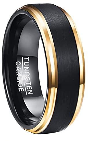 NUNCAD Men's Rings Black Mens Wedding Bands 8mm Tungsten Ring for Men Two-Tone Simple Band with Gold Beveled Edges Size Z+5