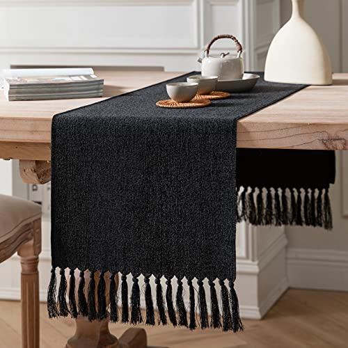 ZeeMart Bordslöpare, 229 cm lång, i jute-linnestil med rustik lantlig känsla, lång boho-bordslöpare för matsal, 33 x 229 cm, svart