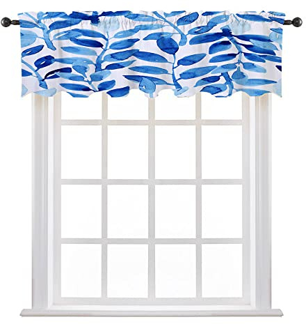 LIGUTARS Valance, Watercolor Leaves Window Curtain, Template for Textile, 36 W x 18 L, Bedroom Bathroom Living Room Dining Room, Blue