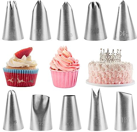 Fizdoqg Spritztüllen Set 10 Stück Edelstahl Groß Tüllen Kuchenspritzdüsen Kuchen Einrichtungstipps für Sahne, Cupcake, Dekorieren