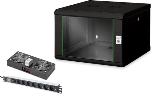 DIGITUS Set: Armario de red 7U de 19 + ventilador de techo + regleta de 7 puertos // rack de 19 pulgadas - montaje en pared - 600 mm de profundidad - Carga 100 kg - Profundidad útil 305-450mm - Negro