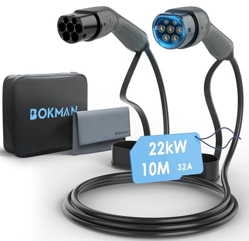 bokman Typ 2 Ladekabel, Modus 3 / 32A / 22 kW / 3-Phasig / 10 Meter, Typ 2 auf Typ 2 EV Ladekabel für Elektroauto mit Tragetasche und Mikrofasertuch