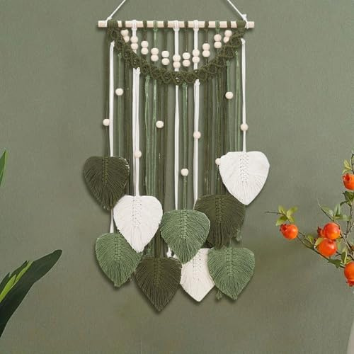 ORIGACH DIY Macrame Leaves Wall Hanging Kit Boho White and Green Leaves Tapestry Macrame Kit for Adults Beginner Handmade Basic Macrame Feathers Leaf Wall Hanger Decor for Living Room Bedroom
