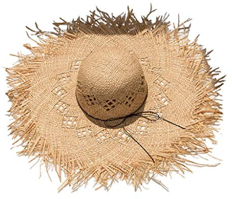 COSSIKA Chapeau de Soleil en Paille de Raphia pour Femmes, Seau de Protection Solaire Creux à Grand Bord et Frange