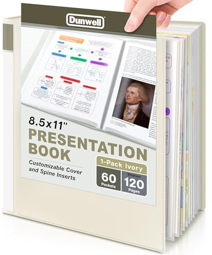 Dunwell Presentation Binder 60-Pocket, Displays 120 Pages, 8.5x11 Portfolio Binder with Plastic Sleeves, Storage and Organizer for Documents, Photos, Kids Artwork, Projects, Recipes (Ivory)