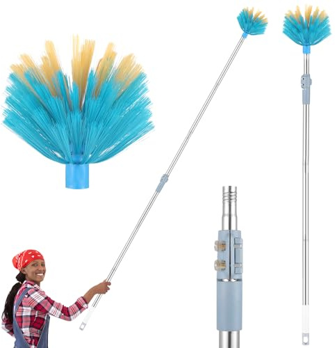 Cobweb Duster with Extension Pole, Medium Stiff Bristles Spider Web Remover, 4-7.7 ft Adjustable Telescopic Pole, Lightweight Spider Web Brush for High Ceilings, Walls, Indoor & Outdoor Cleaning