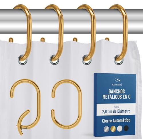 Blau Marité 12 Ganchos Metálicos en forma de C para Cortina de Ducha. Anillas Decorativas para cortina de ducha Resistentes al Óxido. Para Barras de Hasta 2,6 cm de Diámetro (C, Oro)
