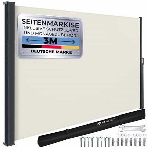 KESSER® Seitenmarkise ausziehbar Markise 180 x 300 cm Blickdicht Sichtschutz & Windschutz für Garten Balkon & Terrasse, Seitenrollo mit Wandhalterung, inkl. Wettercover & Montagezubehör, Beige