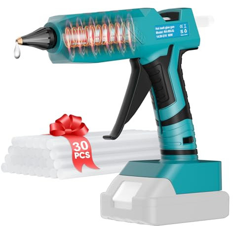Powtree heißklebepistole kabellos für Makita 18V Akku (Ohne Akku), heissklebepistole akku,90s Schnell Aufheizung, klebepistole für DIY, Handwerk und Schnelle Reparaturen (mit 30 11-mm-Klebestiften)