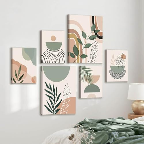 WENGTIAO 6 Pezzi Stampa su Tela Boho Astratto Incorniciato, Quadro su Tela Verde Salvia Beige Minimaliste Geometrico Botaniche Pittura Quadri Moderni Soggiorno Camera da Letto Casa Decorazioni Parete