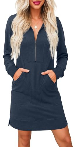 PrinStory Abito maglione da donna UK a maniche lunghe con mezza zip scollo a V abito in felpa con tasche laterali, Blu scuro, L