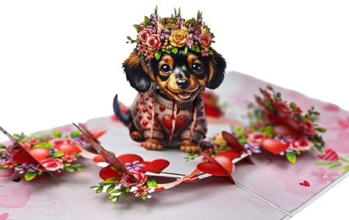 REMOtech Biglietto pop-up 3D con corona di fiori e cuori, romantico biglietto pieghevole per San Valentino, matrimonio, anniversario e compleanno, 30 x 20 cm, con busta bianca