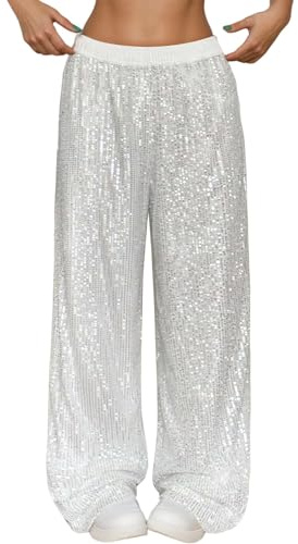 Pantalon Paillette Femme Disco Brillant Jambes Larges Pantalons Taille Basse Rétro Décontracté Streetwear Baggy Femme Soirées Danse Hip Hop Jazz Pants de Carnevale