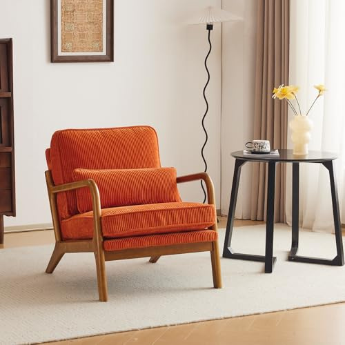 Bonnlo Fauteuil de Salon en Velours Côtelé, Chaise d'Appoint Relaxation avec Cadre en Bois, Siège Confortable pour Salon, Chambre, Terrasse, 65 x 80 x 78 cm (Orange)
