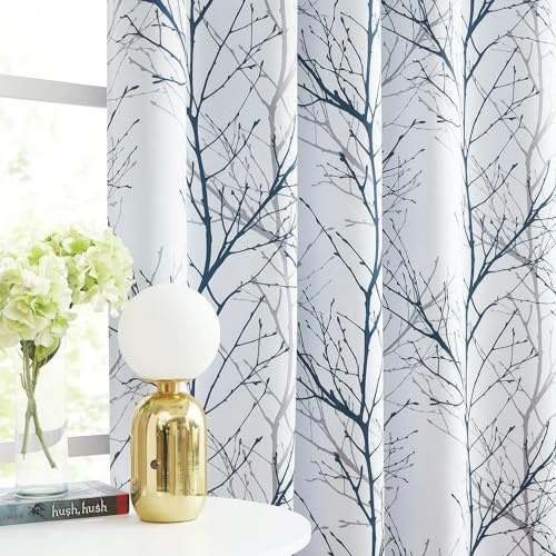 Fmfunctex Blackout Thermal Curtains for Living Room 90 Inch Drop Blue White Eyelet Curtains for Bedroom Branch Print Room Darkening Energy Saving Window Curtain Drapes 2 Panels