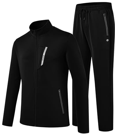 MoFiz Men's Tracksuits Full Set Gym Jogging Top & Bottoms Joggers Workout Fitness Running Sweat-Suits Sportswear Set Zip Pockets Black Tag US L
