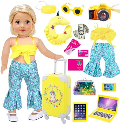Juego de 25 maletas de viaje amarillas de 18 pulgadas, ropa y accesorios para muñecas, incluye equipaje, cámara, computadora, gafas, almohada, etc. (sin muñeca)