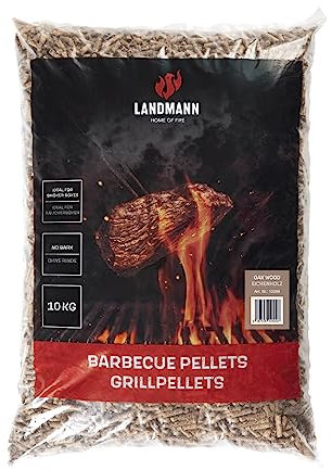 LANDMANN Pellets para barbacoa de roble de 10 kg, para el toque especialmente ahumado, adecuado para ahumadores, barbacoas de pellets y de carbón vegetal y hornos de pizza, bajo consumo, ideal también