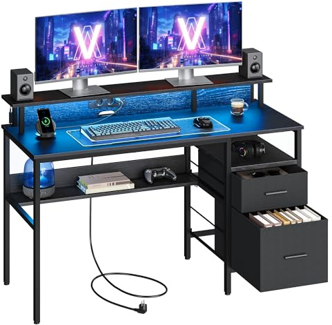 VASAGLE Scrivania per Computer con Cassetti in Tessuto, Supporto per Monitor, Luci a LED e Prese di Corrente, 55 x 135 x 90 cm, 2 Porte USB-A, Nero Ebano LWD094B56