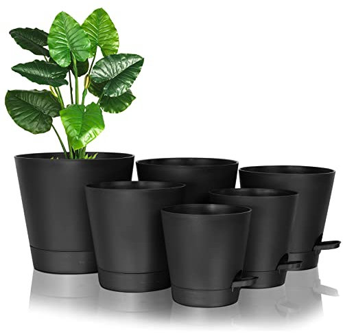 FORAGIFT Selbstbewässernde Blumentöpfe für Indoor, 20/17,5/16,5/15/14/12,5cm Pflanztöpfe aus Kunststoff mit Abflusslöchern, Untersetzer und Reservoir, Pflanzentopf für alle Zimmerpflanzen, Schwarz