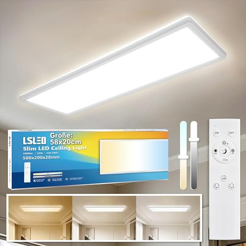 L5L3D LED Deckenleuchte Dimmbar mit Fernbedienung, 58x20cm Flach Rechteckig, 22W 2900LM Super Hell, IP44 LED Panel Badezimmerlampe für Küche Büro Wohnzimmer, Backlight-Effekt, 2700K-6500K CCT Lampe