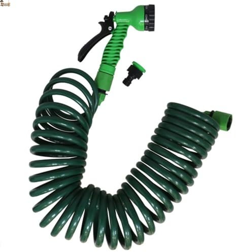 BricoLoco.com PACK 2 uds. Manguera jardín 10 mts espiral extensible. Pistola riego multifunción 7 chorros. Conector grifo de 1/2” y 3/4”. Auto enrollable. Conexión rápida (Espiral 10 mts., 2)