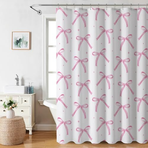 AIBIIN Cortina de ducha con lazo rosa para baño, cortina de ducha moderna y estética con 12 ganchos, 180 x 180 cm