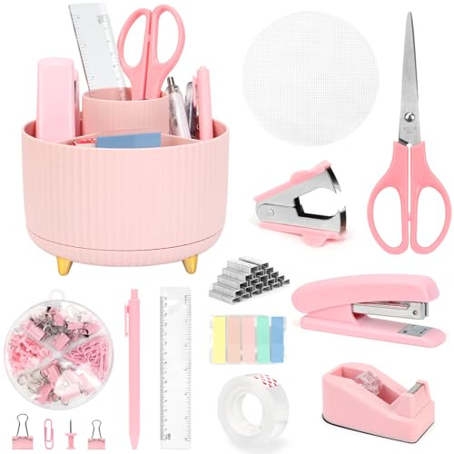 12-in-1 Stationary Set, Pink Desk Accessory with Stapler & Staples Set, Pen Pot, Tape Dispenser, Scissors, Ruler, Color Tabs for Women, Practical Office Supply for Teachers