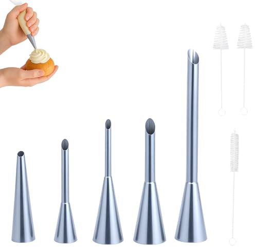 Lot de 5 Douille Patisserie Professionnelle avec Brosses de Nettoyage, Douille à garnir Inox pour Divers Desserts, Cupcake Puffs Injection Seringue, 5/6/8/10mm pour la Décoration de Houppette