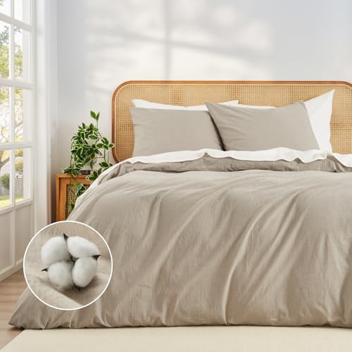 Duvetnova Ropa de Cama 220x240 algodón Beige, 100% algodón Prelavado con Textura de Lino, Oeko-Tex, Talla Extra Grande, 1 Funda nórdica 220x240 + 2 Fundas de Almohada 80x80 con Cremallera