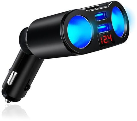 Distributore Accendisigari con 2 prese Multiple, Voltmetro, 2 Porte USB,Car Cigarette Lighter, Caricabatteria da Auto Accendino, Ricarica Rapida 12V/24V, Adattatore per Cellulare, Tablet, Dash Cam