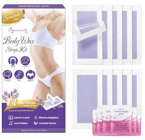 Beauty7 Strisce di Cera per Corpo Rimozione dei Peli, 20 Strisce di Cera Fredda e 6 Salviette di Olio Calmante Post-Ceretta per il Corpo, Gambe Ascelle Rimozione Delicata