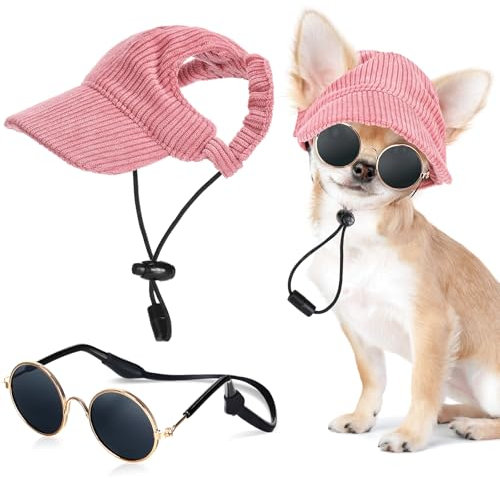 Jadive Hunde Sonnenhut mit Ohrlöchern Katze Hunde Sonnenbrille mit Rutschfestem Silikonband Verstellbarer Haustier Baseballmütze Sommer Sonnenschutz Hut für Welpen Foto-Requisiten(Rosa,Klein)