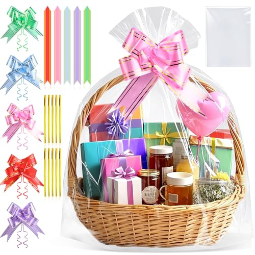 Bolsas de Celofán Grandes Transparente Bolsa Celofan Transparentes Con Cinta de Arcos y Cintas Metálicas para Regalos Embalaje Cestas Flores Manualidades y Ramos de Navidad (Transparente, 60x90cm)