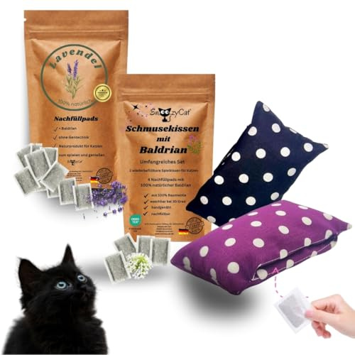 SNOOZYCAT 2 cojines para gatos + 14 almohadillas de recambio con lavanda y valeriana – Juguete para gatos hecho a mano de Alemania, algodón Oeko-Tex, rellenable, natural y perfumado