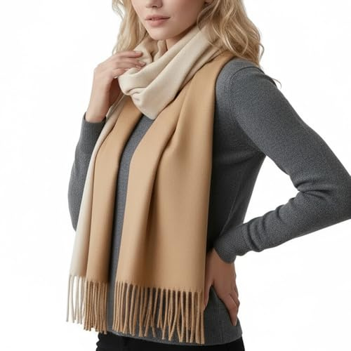 PFLife Bufanda de Lana para Mujer 200×70 cm Tacto de Cachemira Suave y Cálido Chal de Invierno Reversible con Flecos Caja de Regalo (Beige)