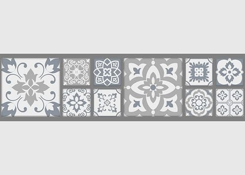 AG Design Selbstklebende Bordüre Graues Patchwork, AWB 8460 | Wasserfest Dekoration für Wände, Möbel, Tapeten, Wandverkleidungen und Türen, Folie | Breite 500 cm x Höhe 13.8 cm