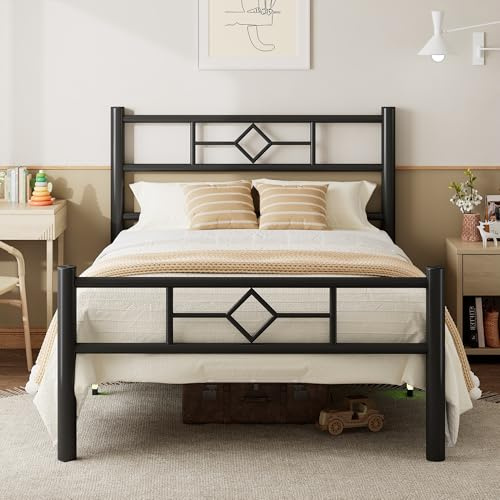 Feonase Single Bed Frame with Headboard and Footboard, Metal Platform Bed Frame Single with Underbed Storage, Solid Metal Slats Support, No Box Spring Needed, Noise Free, Easy Assembly, Black