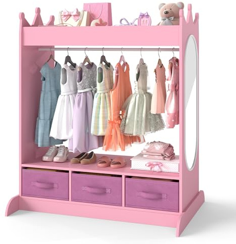 JOYLDIAS Kids Wardrobe with Drawers and Mirror, Dress up Rail Closet, Costume Dressing up Armoire, Pretend Storage Organizer Open Shelf for Children Clothes Bedroom Girls Room, Pink