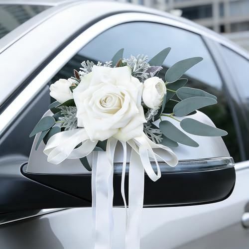 DBREAKS 2 Piezas de decoración para Coches de Boda, Floral para manillas de Puertas de Coches, Rosa Blanca Artificial con ventosas, para retrovisores