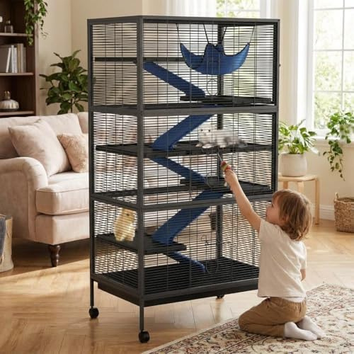 Small Animal Cage with Rolling Stand, 6 Tiers 150x80x52cm Large Portable Rolling Pet Cage with Ramps, Platforms, Hammock & Removable Tray, Metal Habitat for Ferret Cat Chincilla Rat Rabbit Hedgehog