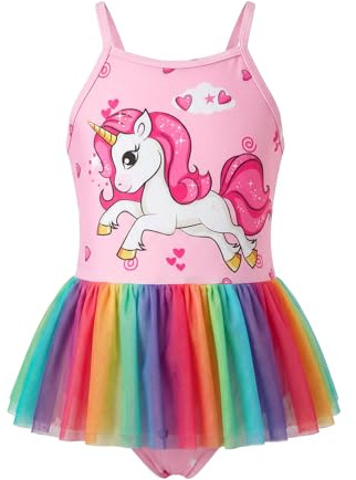 JiAmy Vestido de baño para niña, traje de baño de una pieza para niños con falda de tul arcoíris, adorables tirantes ajustables, traje de baño para niñas de 2 a 8 años (talla 98/128)