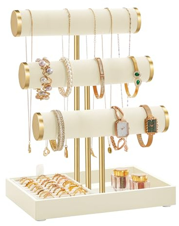SONGMICS Soporte para Pulseras, Expositor de Joyas, Organizador de Joyas, 3 Niveles y Bandejas de Terciopelo, Soporte para Anillos Desmontable, Blanco Crema y Oro Pálido JJS027W101