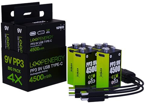 VERICO LoopEnergy 9V Block 4er Pack, PP3, 4500 mWh, Wiederaufladbare USB-C Batterie, Li-Ion Akku, 2 x Ladekabel USB Type A auf 2 x Type C