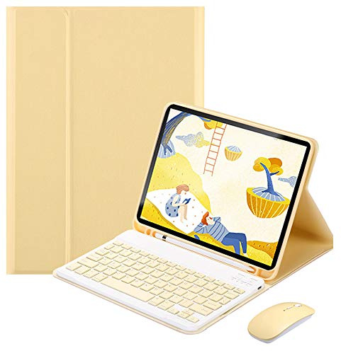QYiiD Tangentbordsfodral och trådlös mus för iPad Pro 12.9 2022/2021/2020/2018 (6,5, 4:e och 3 generationen), trådlöst Bluetooth-tangentbord QWERTY med pennhållare för iPad Pro 12.9 tum, Gul