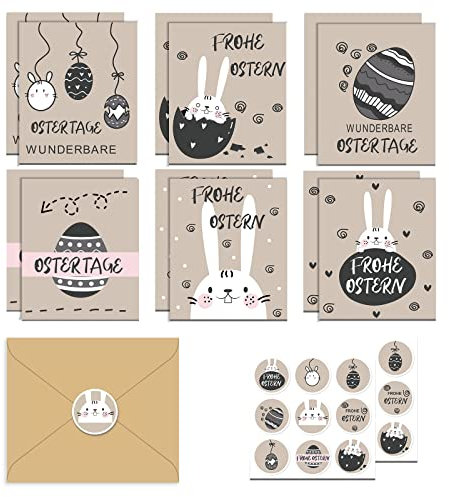 Mizijia Osterkarten mit Umschlag Deutsch 12er, Osterkarten Aufklappbar mit Aufkleber, Frohe Ostern Postkarten mit Osterhase und Ostereier, 6 Unterschiedliche Motive je 2 Stück -Grüße an die Familie