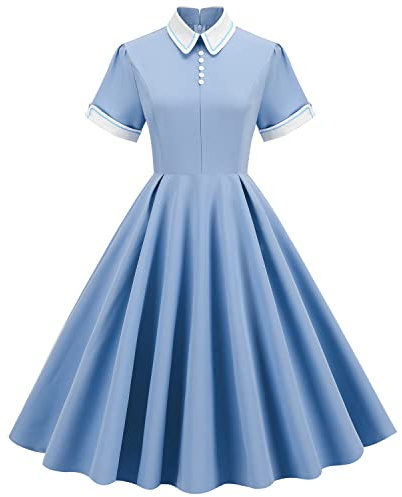 Wellwits Vestido de cóctel vintage de los años 50 con cuello bordado de lunares, Color azul claro., 40-42