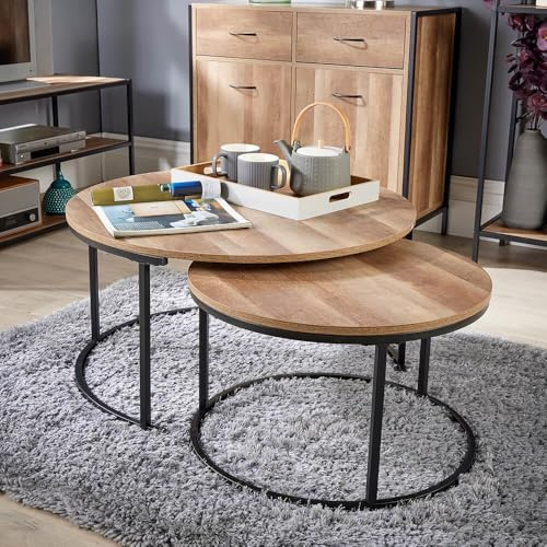 Home Source Round Stackable Nest of 2 Coffee Side Tables, Black Metal Frame, Weathered Oak Effect Finish
